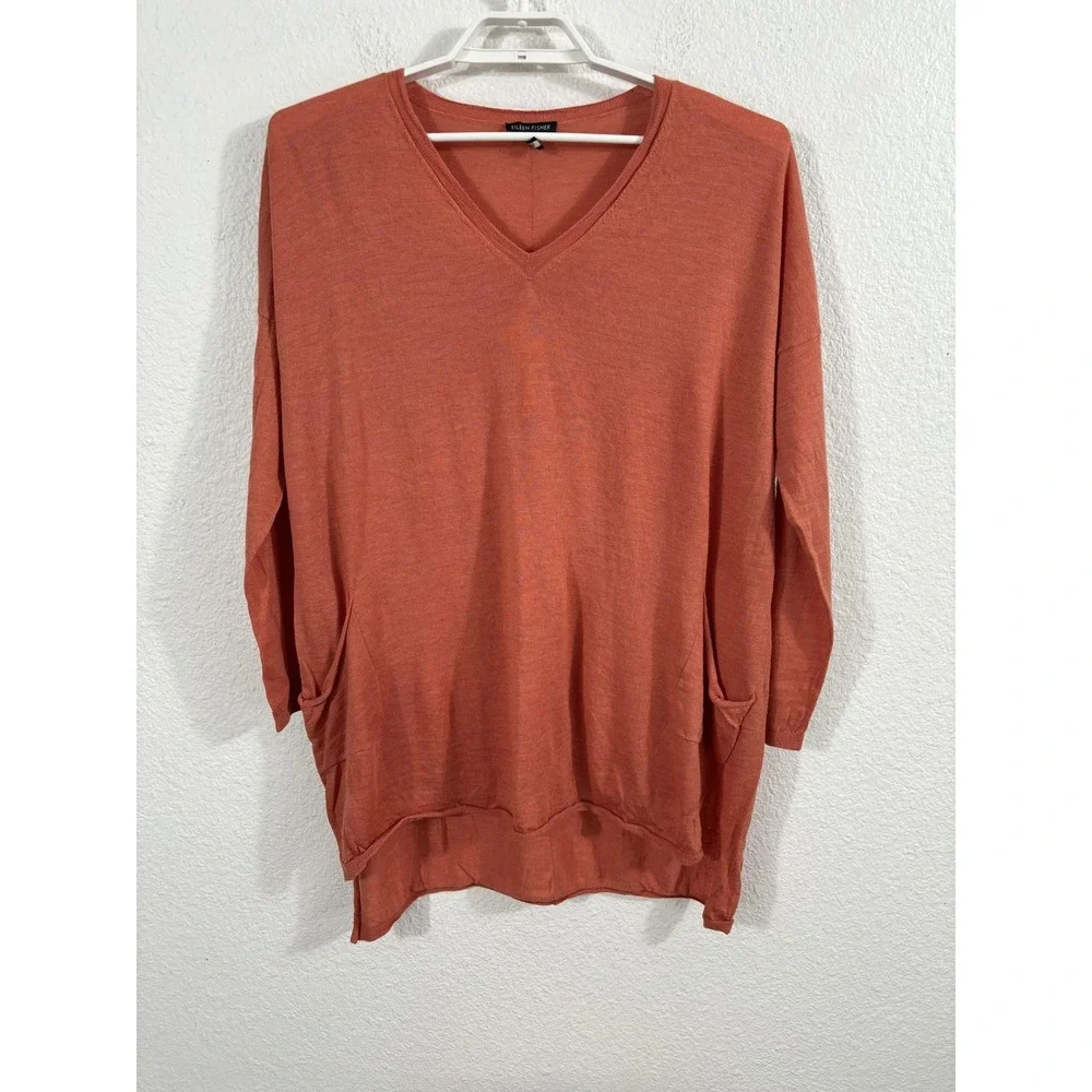 Eileen Fisher Sweater Womens‎ XL Rust Merino Wool V Neck Tunic Pockets Lagenlook